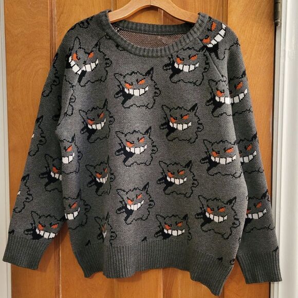 NWOT Pokémon Gengar Knit Sweater Gray Retro Pixel Design Sz Women's L, Men's M - Picture 3 of 8